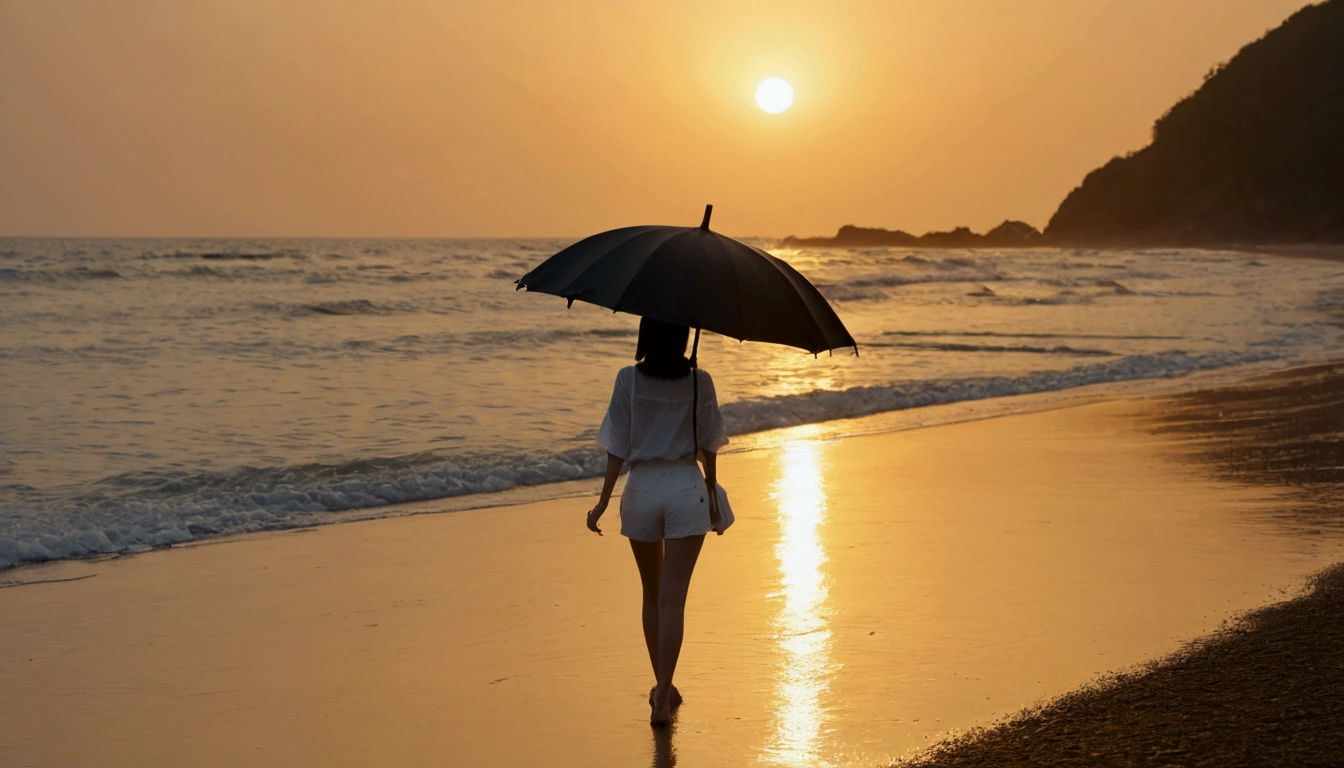 8k, Vivid picture quality, Vivid picture quality, long deserted beach, walking slowly from afar, Short hair, beautiful appearance, Model-like body, sunset의 붉은 빛, sunset, alone, afternoon, depressed, tide가 밀려온다, rain, medium size black umbrella, ocean, tide, wind, rain가 내리는, Short and slim Korean woman, tower, White shorts, rain가 내리는, walking on the beach with a black umbrella, the sun is just above the horizon