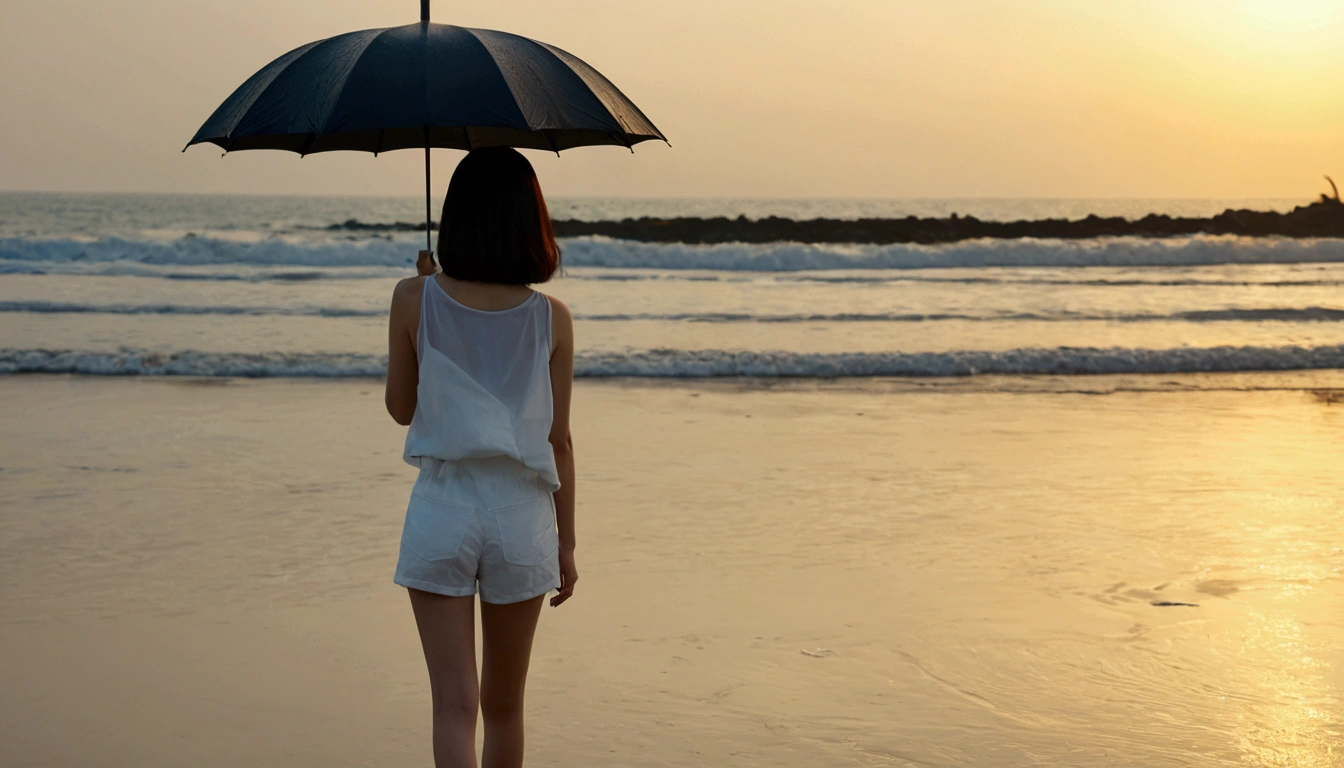 8k, Vivid picture quality, Vivid picture quality, long deserted beach, walking slowly from afar, Short hair, beautiful appearance, Model-like body, sunset의 붉은 빛, sunset, alone, afternoon, depressed, tide가 밀려온다, rain, medium size black umbrella, ocean, tide, wind, rain가 내리는, Short and slim Korean woman, tower, White shorts, rain가 내리는, walking on the beach with a black umbrella, the sun is just above the horizon