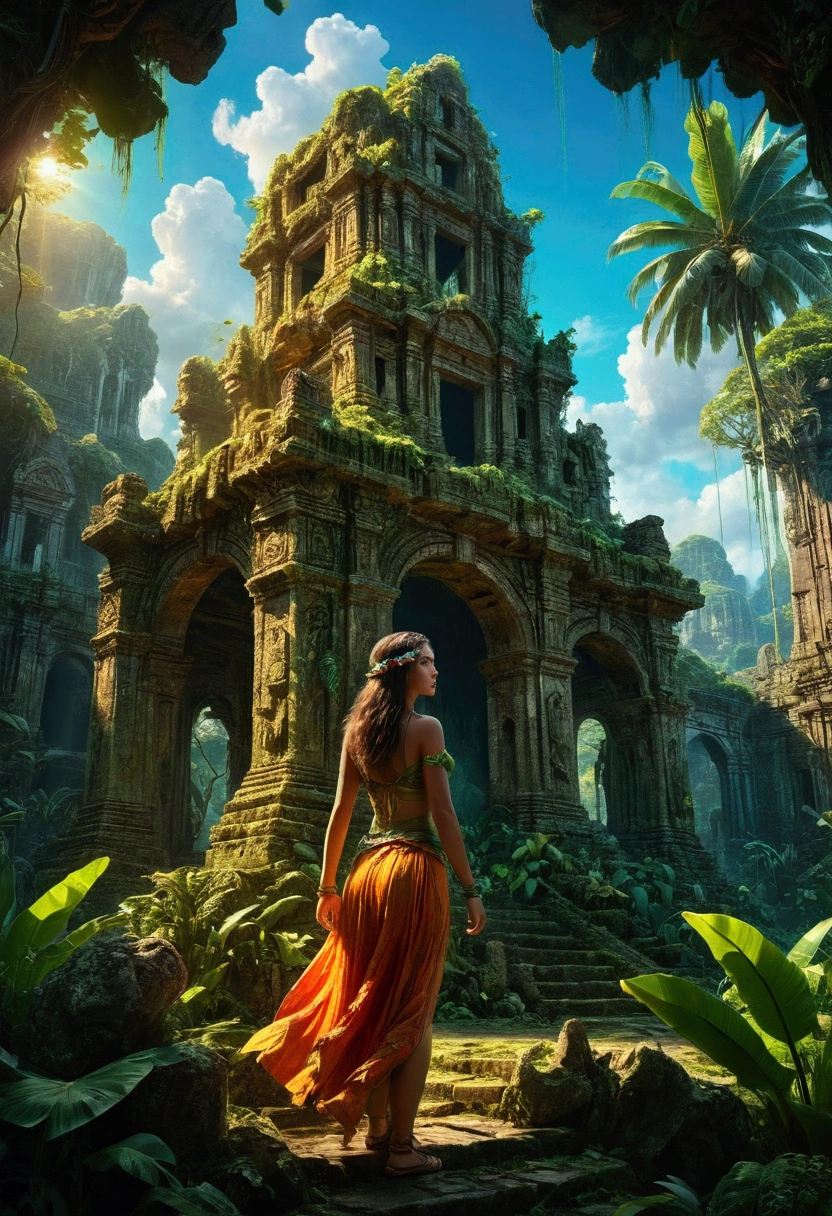 1girl, a mysterious island, a magical fantasy tropical island, lush green jungle, ancient ruins, glowing crystals, warm sunlight, vibrant colors, dramatic skies, fantasy landscape, highly detailed, cinematic lighting, intricate details, a sense of wonder and adventure, (4k,8k,highres:1.2), ultra-detailed, masterpiece, best quality, very aesthetic, absurdres