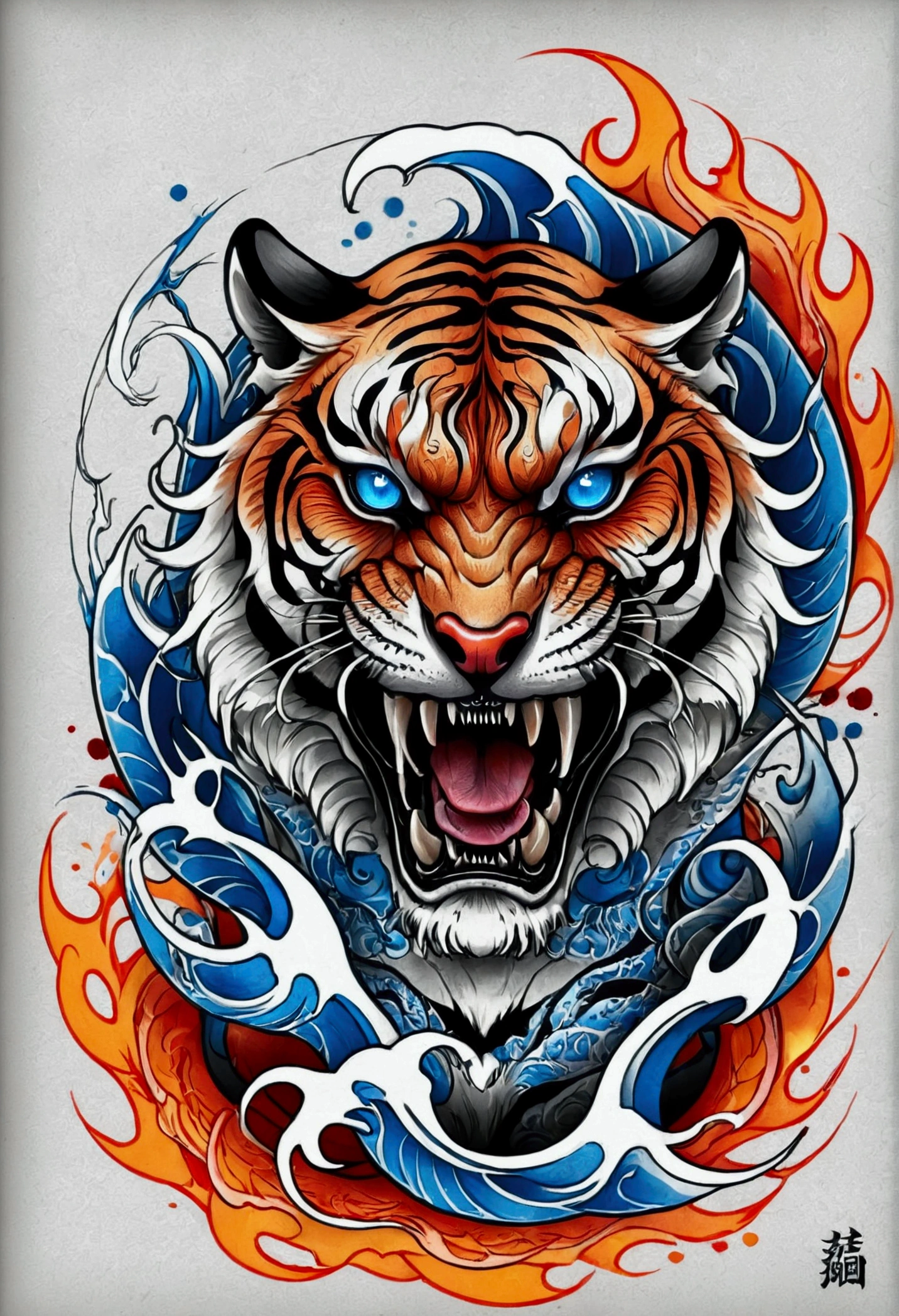 Traditional Japanese tattoo, realistic tattoo art of orange tiger with (((blue eyes))) with red fire splatter sketch effect, he is with open mouth looking very fierce and angry, the background is back and gray Japanese wave tattoo,
