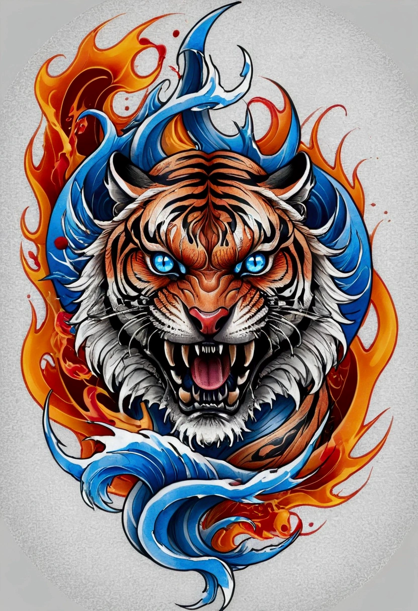 Traditional Japanese tattoo, realistic tattoo art of orange tiger with (((blue eyes))) with red fire splatter sketch effect, he is with open mouth looking very fierce and angry, the background is back and gray Japanese wave tattoo,
