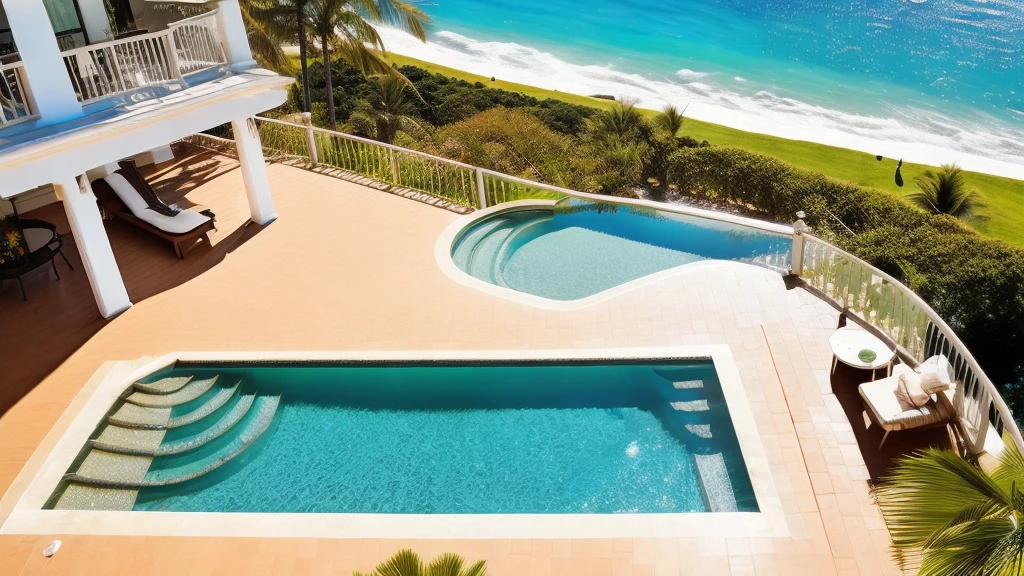 From a bird's-eye view, describe the scene from the balcony of a modern, luxurious resort hotel in a tropical paradise. The stunning emerald green sea stretches out before you, and the sleek, contemporary deck furniture on the balcony adds a touch of sophistication. Surrounding the resort are other luxurious, modern hotels, contributing to the upscale atmosphere. The clear blue sky and bright, shining sun cast a golden glow over the landscape. The calm waves below are visible, creating a serene and picturesque scene. The palm trees sway gently in the breeze, and the soothing sound of waves can be heard. In this peaceful ambiance, you can smell the distinct tropical fragrance and feel the warmth of the day. Describe this scene in vivid detail, capturing the ultra-high-resolution, photo-like quality of the moment from an aerial perspective.