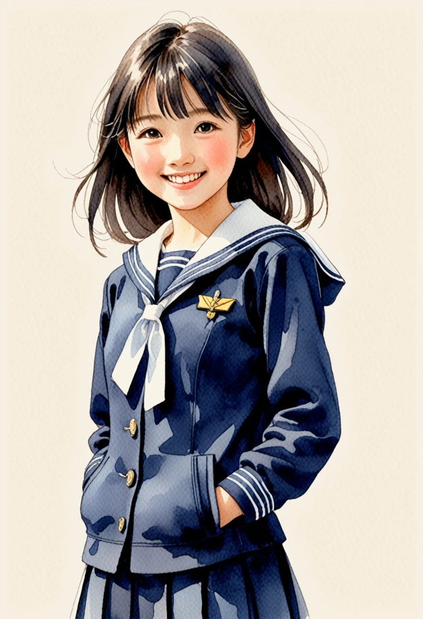 Hand-drawn watercolor illustration, One Girl,Japanese junior high school students, Navy blue sailor suit,13 years old, smile,Point diagonally upwards,cute, cute, Simple, Pencil line drawing
