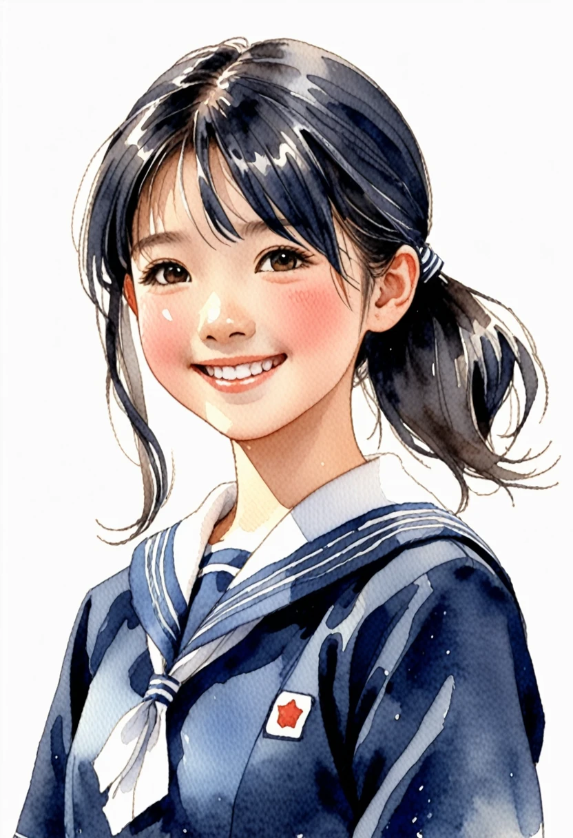 Hand-drawn watercolor illustration, One Girl,Japanese junior high school students, Navy blue sailor suit,, smile,Point diagonally upwards,cute, cute, Simple, Pencil line drawing