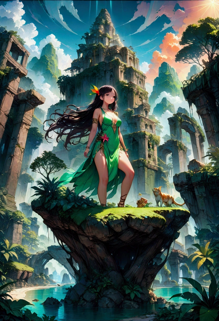 1girl, a mysterious island, a magical fantasy tropical island, lush green jungle, ancient ruins, glowing crystals, warm sunlight, vibrant colors, dramatic skies, fantasy landscape, highly detailed, cinematic lighting, intricate details, a sense of wonder and adventure, (4k,8k,highres:1.2), ultra-detailed, masterpiece, best quality, very aesthetic, absurdres