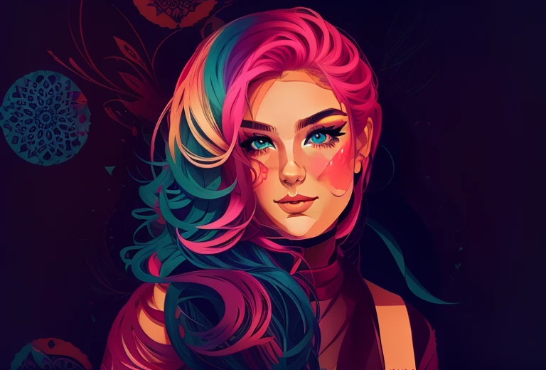 Stylized, vibrant illustration of a young woman with long, flowing blonde hair. The artwork features a warm color palette dominated by shades of pink and red, with accents of blue and yellow. The subject has fair skin, striking blue eyes, and a serene expression. Her facial features are delicately rendered, with a focus on her eyes and lips. She is depicted wearing a loose-fitting garment with a mix of colors that complement the overall color scheme. The background is a soft, gradient wash of pink, adding depth and focus to the subject. The illustration has a modern, artistic feel with fluid lines and a sense of movement.