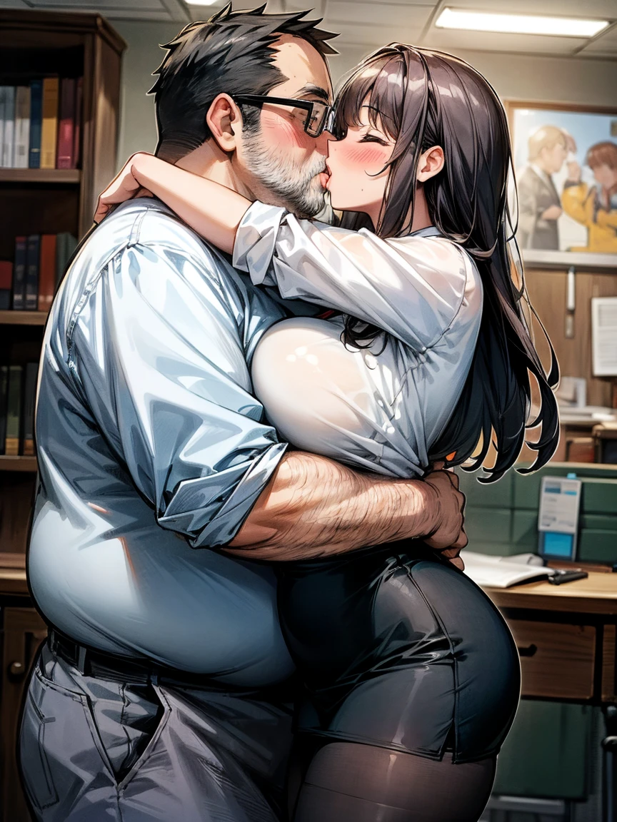 (one girl, Fat middle-aged man), tights, tights, White shirt, pencil skirt, blush, French Kiss,, hug, big breasts, close eyes, office, very detailed, a high resolution, 4K, masterpiece, a high resolution