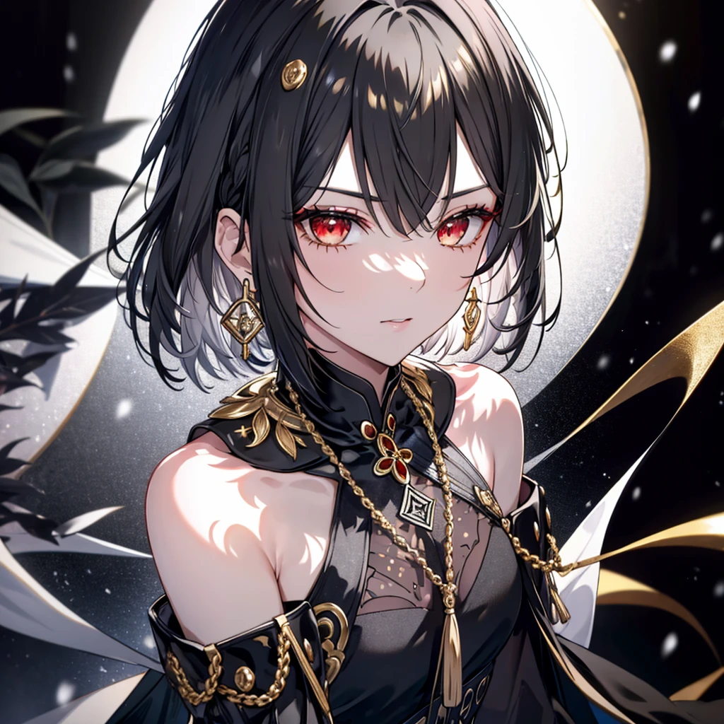 8k,High resolution RAW color art,Anime Art,Silver Marble Skin, (((Very detailed and cool))), Detailed skin, Bokeh、texture,(Exquisitely crafted, The finer details, Ultra-detailed art), (((1 girl))), Depth of written boundary, Silky Touch, Hyper Detail, (((Cool face))), eye shadow、Armed women, Beautiful detailed red eyes, Beautiful lip detail, Highly detailed face, Delicate depiction of hair and eyes, Detailed Fashion, Golden Earrings,Full body depiction, Black half top、(((Shoulder )))、Black shorts、Waist Cloak、black tights、Golden decoration, Grey Hair, Golden bracelet, Straight Hair、Short Hair、(((Hair)))、Simple Background、(((Black theme)))、snow、Side view、Posing pose、look down、cloth、Clear face
