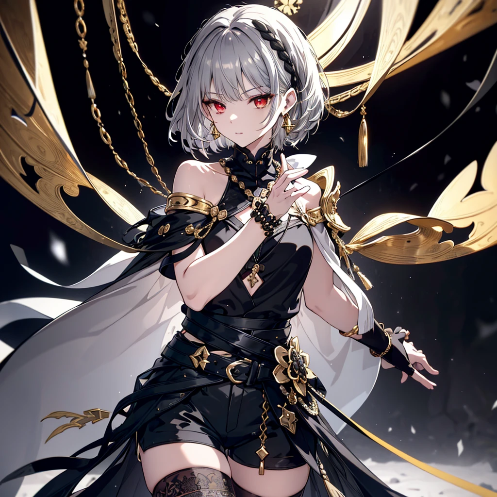 8k,High resolution RAW color art,Anime Art,Silver Marble Skin, (((Very detailed and cool))), Detailed skin, Bokeh、texture,(Exquisitely crafted, The finer details, Ultra-detailed art), (((1 girl))), Depth of written boundary, Silky Touch, Hyper Detail, (((Cool face))), eye shadow、Armed women, Beautiful detailed red eyes, Beautiful lip detail, Highly detailed face, Delicate depiction of hair and eyes, Detailed Fashion, Golden Earrings,Full body depiction, Black half top、(((Shoulder Bare)))、Black shorts、Waist Cloak、black tights、Golden decoration, Grey Hair, Golden bracelet, Straight Hair、Short Hair、(((Hair)))、Simple Background、(((Black theme)))、snow、Side view、Posing pose、look down、cloth、Clear face
