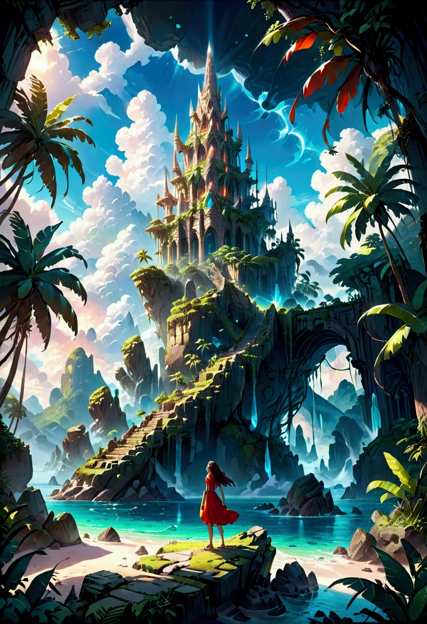 1girl, a mysterious island, a magical fantasy tropical island, lush green jungle, ancient ruins, glowing crystals, warm sunlight, vibrant colors, dramatic skies, fantasy landscape, highly detailed, cinematic lighting, intricate details, a sense of wonder and adventure, (4k,8k,highres:1.2), ultra-detailed, masterpiece, best quality, very aesthetic, absurdres