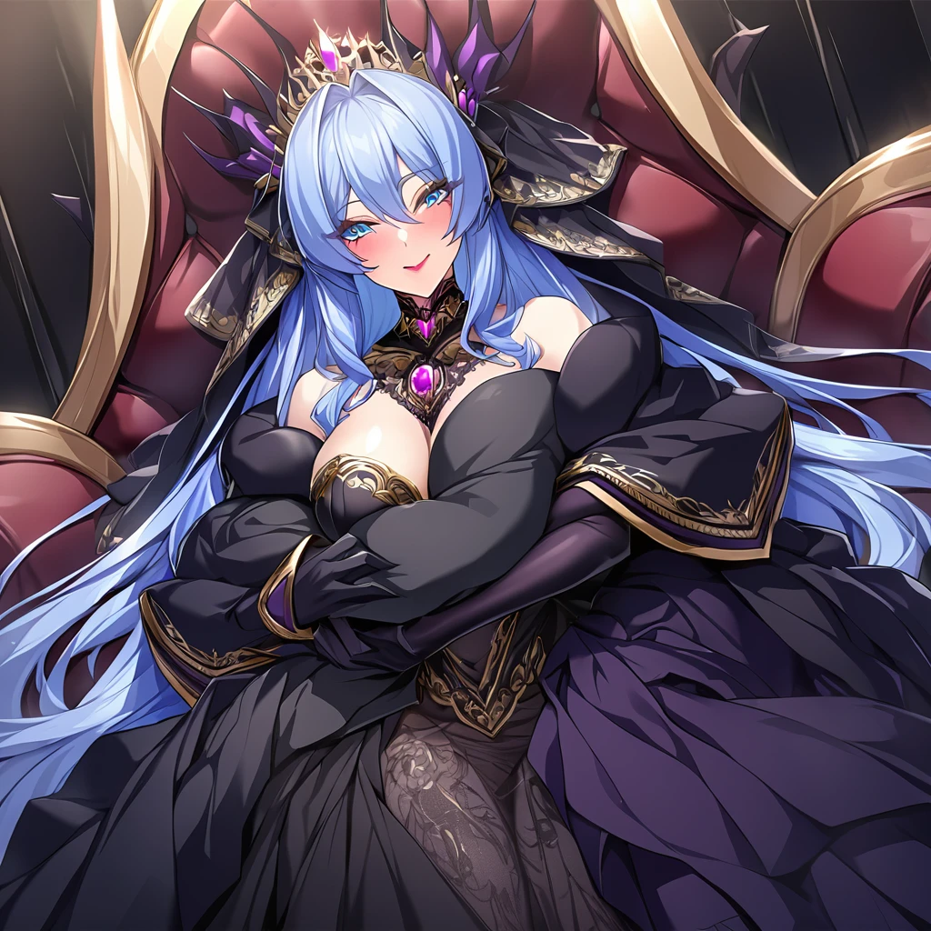 ((Highest quality)), ((masterpiece)), (detailed), (Perfect Face)、The woman is hugging and kissing the great evil demon king man、The woman is the evil queen, Extia, with medium-long blue hair, a gorgeous black wedding dress with gold embroidery and trim, a black wedding veil, an engagement ring, gorgeous accessories, lipstick and makeup, and a dignified, beautiful evil queen.、The woman looks happy、The man is a great and powerful demon king and a majestic demon.