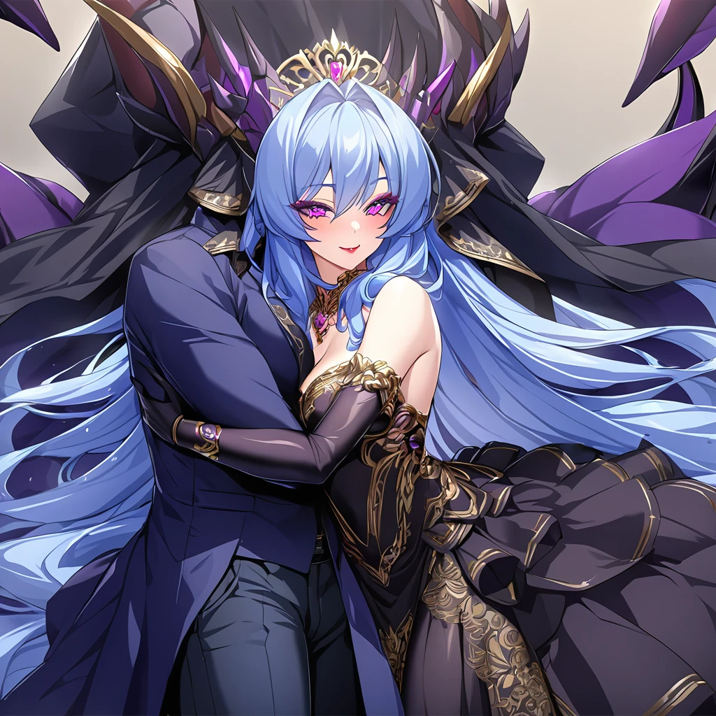 ((Highest quality)), ((masterpiece)), (detailed), (Perfect Face)、The woman is hugging and kissing the great evil demon king man、The woman is the evil queen, Extia, with medium-long blue hair, a gorgeous black wedding dress with gold embroidery and trim, a black wedding veil, an engagement ring, gorgeous accessories, lipstick and makeup, and a dignified, beautiful evil queen.、The woman looks happy、The man is a great and powerful demon king and a majestic demon.