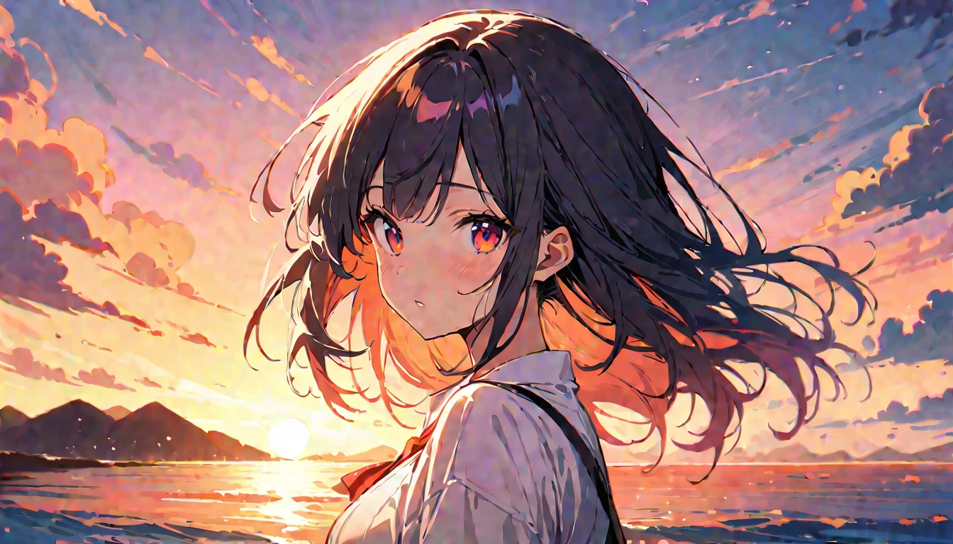 (masterpiece, Highest quality:1.2), 1 Girl, alone,Eyes open,Tropical atmosphere,Ocean,It&#39;s dusk