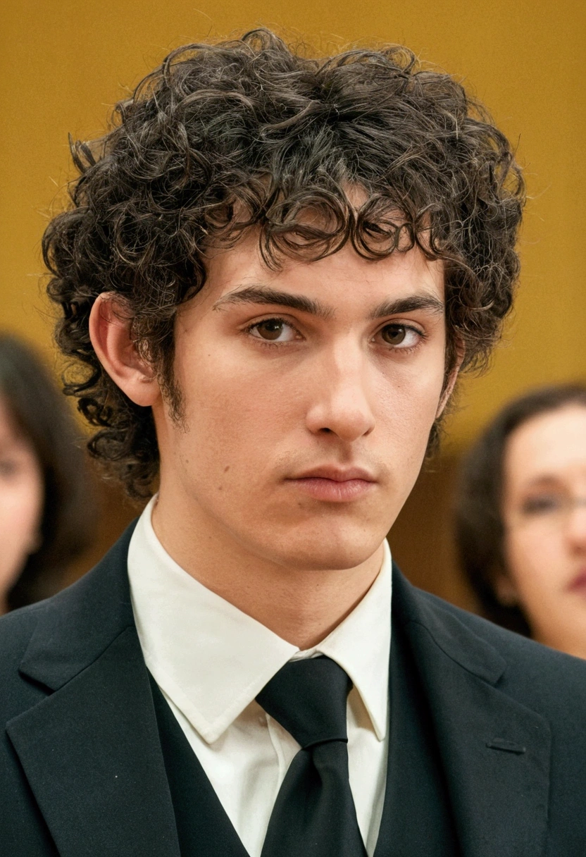 très bel homme qui anime une conférence devant des centaines de personnes assises. Il parle avec son micro en costume. Il a 20 ans, cheveux cours dégradé progressif chatains en crète, 1, 87 mètres.