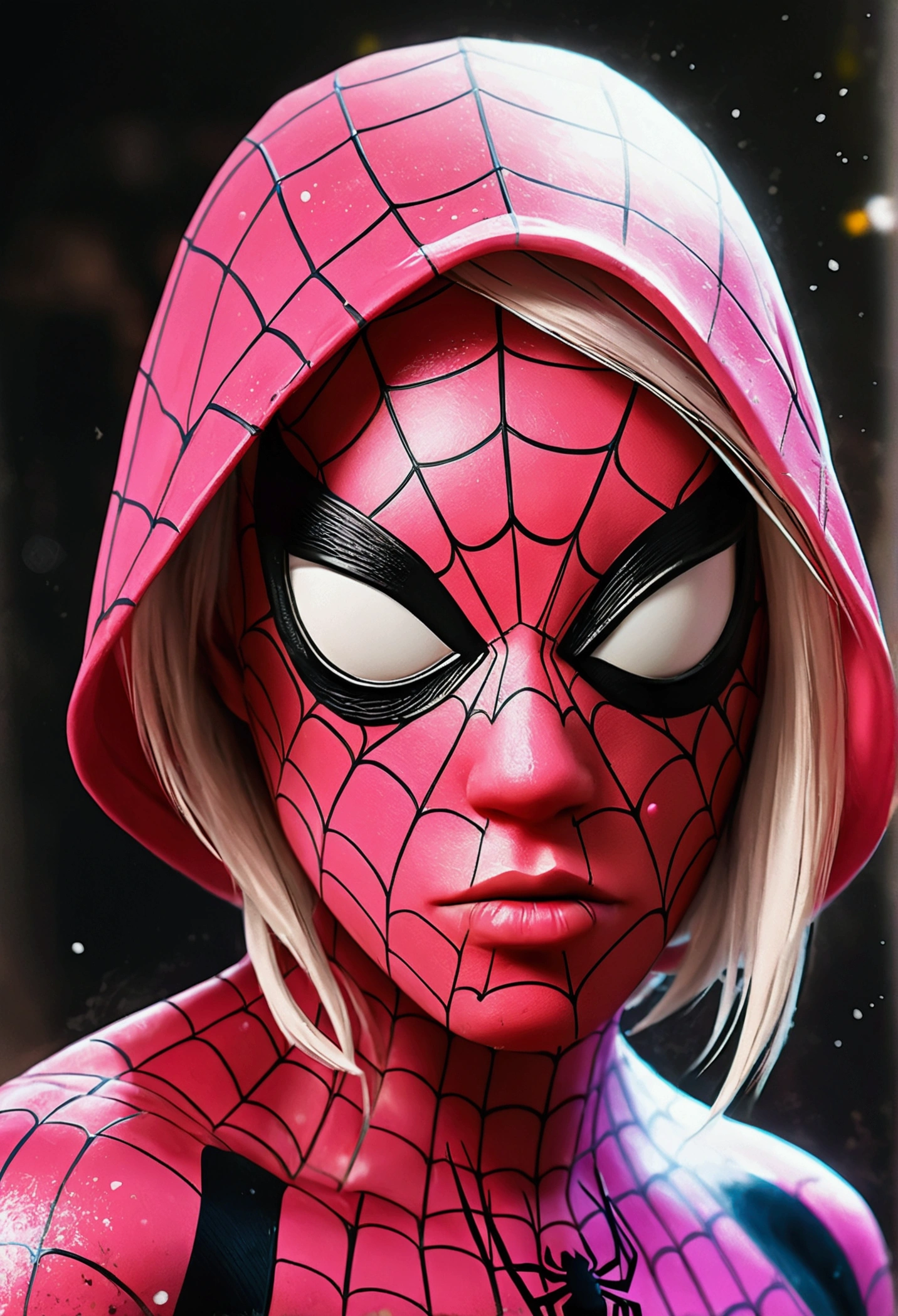 A realistic, hyperrealistic Spidergwen with athletic muscle, textured saturated white and black and pink trage, in the style of watercolor paint splats, (best quality,4k,8k,highres,masterpiece:1.2),ultra-detailed,(realistic,photorealistic,photo-realistic:1.37),professional,vivid colors,bokeh