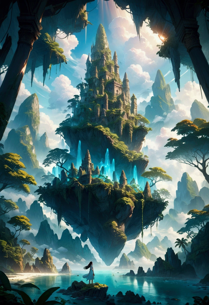 1girl, a mysterious island, a magical fantasy tropical island, lush green jungle, ancient ruins, glowing crystals, warm sunlight, vibrant colors, dramatic skies, fantasy landscape, highly detailed, cinematic lighting, intricate details, a sense of wonder and adventure, (4k,8k,highres:1.2), ultra-detailed, masterpiece, best quality, very aesthetic, absurdres