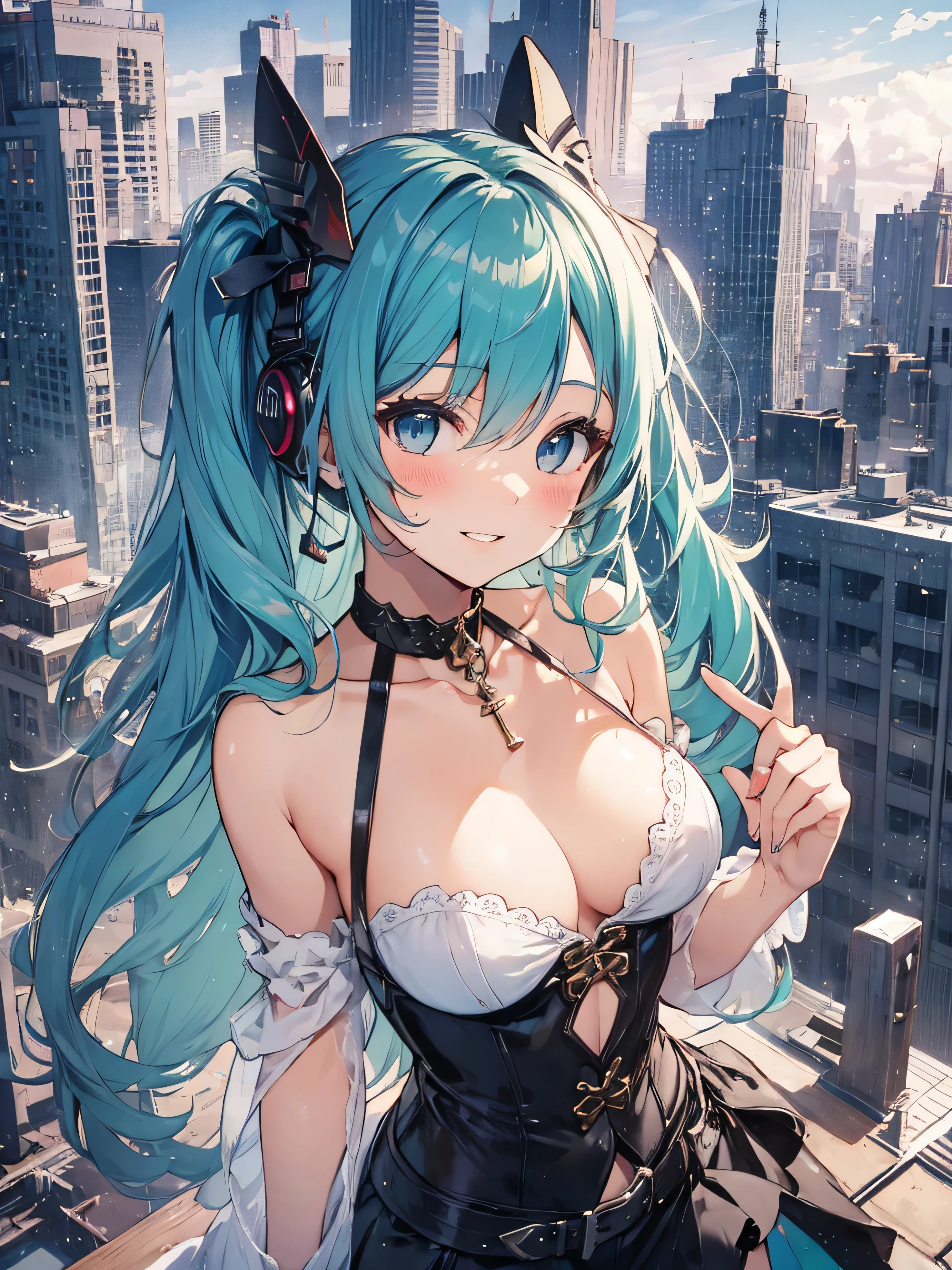 soles, masterpiece, Hatsune Miku, 1 person, solo, hair inhalation, face up, blue sky, glow white particle, (sidelighting:1.2), sun rise , pink cloud, detailed clouds, slender, Lovely small exposed breasts, super cute smile with teeth, red cheek, blushing, naughty face, beautiful green hair, magic light, deep shiny blue eyes, cute naughty girly pause, Draw your breasts inward and push them up, exposed breasts, cute nipple, choker, black see-through blouse with green tie, blue skirt , white belt, black long grove, put on pink and blue head gear, on the roof of building, super detailed beautiful city view background, wide shot, give wink, giving peace sign, singer