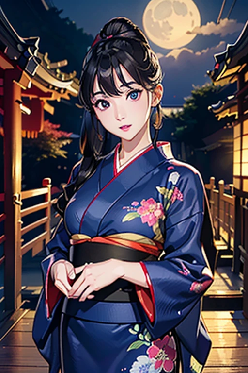 (Highest quality、 8k wallpaper、masterpiece、High resolution)、Vibrant colors、Ample breasts、Black hair in a Japanese round topknot、Beautiful girl in yukata、(Highly detailed face and eyes、Beautiful Face、Beautiful Eyes、Beautiful nose、Pretty lips)、A friendly gaze、Highly detailed background、Japanese garden、moonlight、Autumn scenery、Cowboy Shot、Official Art、