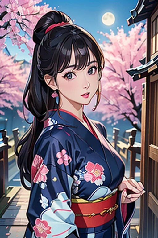 (Highest quality、 8k wallpaper、masterpiece、High resolution)、Vibrant colors、Ample breasts、Black hair in a Japanese round topknot、Beautiful girl in yukata、(Highly detailed face and eyes、Beautiful Face、Beautiful Eyes、Beautiful nose、Pretty lips)、A friendly gaze、Highly detailed background、Japanese garden、moonlight、Autumn scenery、Cowboy Shot、Official Art、