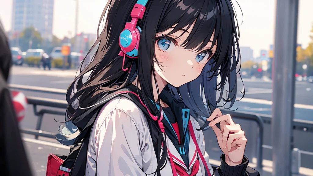High school girl wearing headphones
