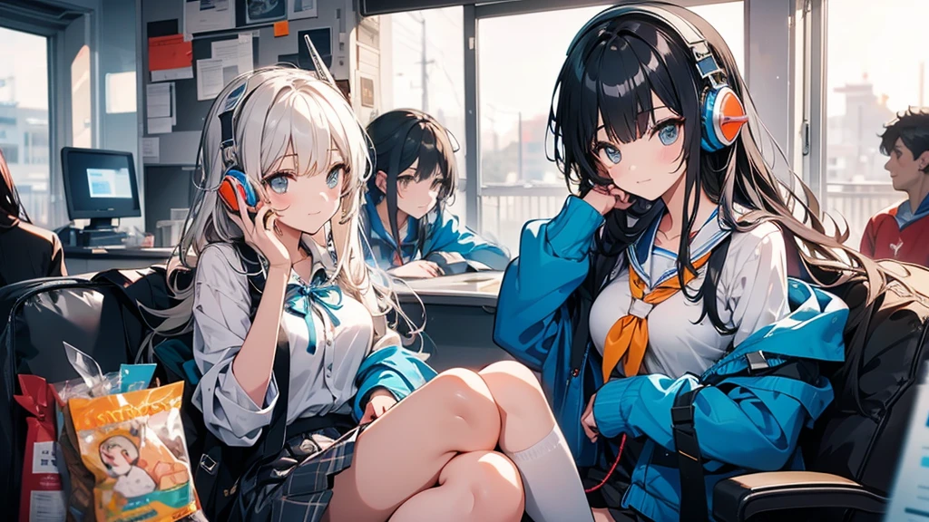High school girl wearing headphones