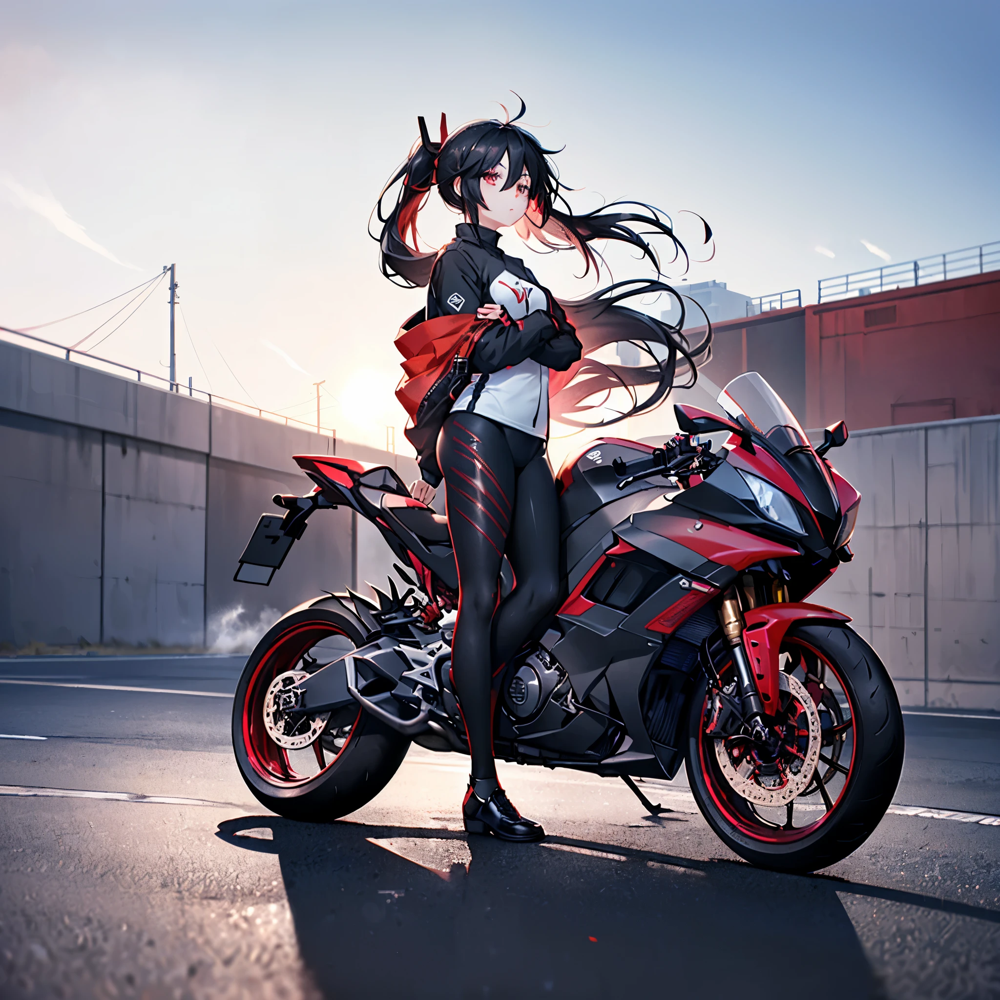 ((((Female rider、forward leaning posture　Full Body Tights、Black　Red Motorcycle、get on))))　(((Black Hair、ponytail、Blowing in the Wind　Bright red eyes)))　((Expressway、Light、Light))　Shining Edge　Shining Background