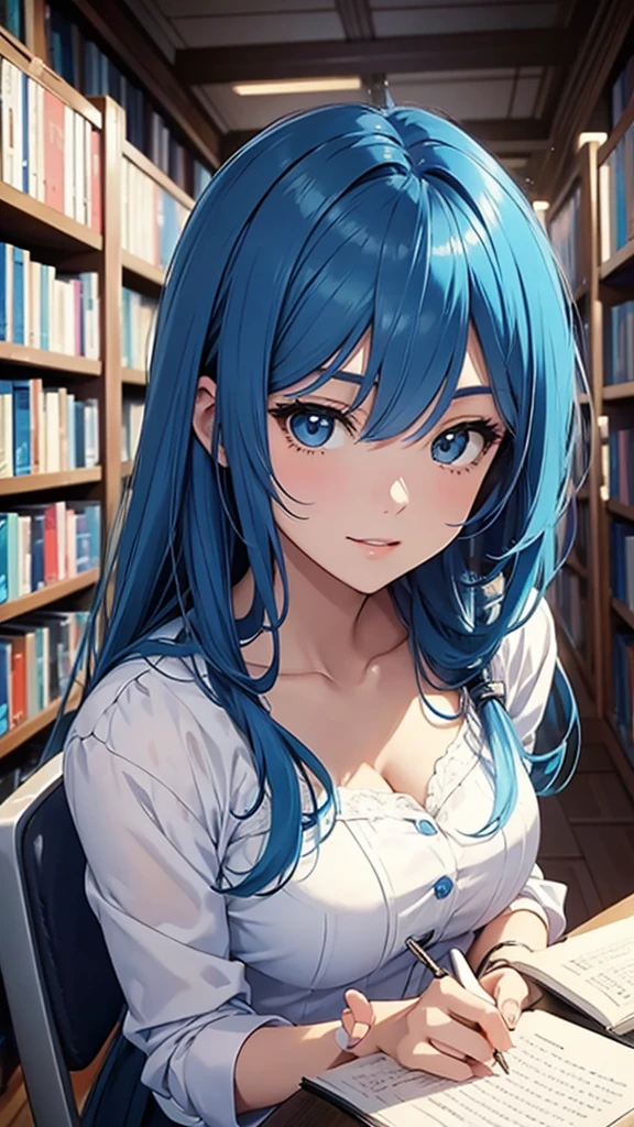 Gal、Close-up of face、Delighted、Blue Hair、Around 25 years old、Anime style illustrations、Inside the library