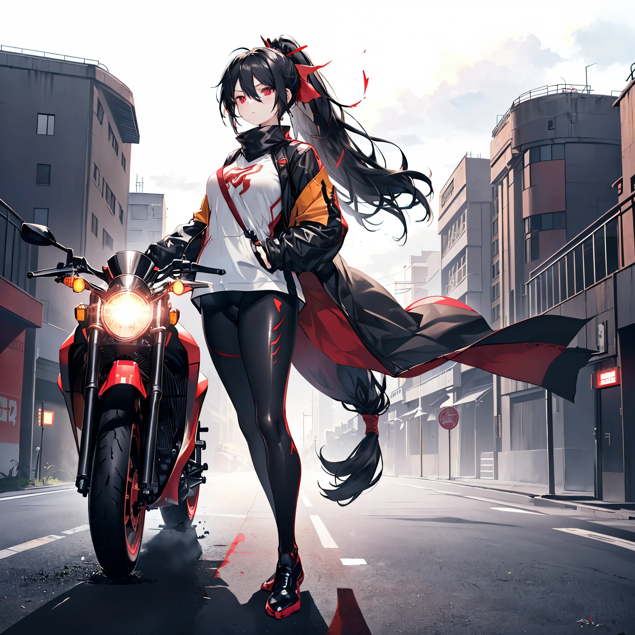 ((((Female rider、forward leaning posture　Full Body Tights、Black　Red Motorcycle、get on))))　(((Black Hair、ponytail、Blowing in the Wind　Bright red eyes)))　((Expressway、night))　Shining Edge　Shining Background