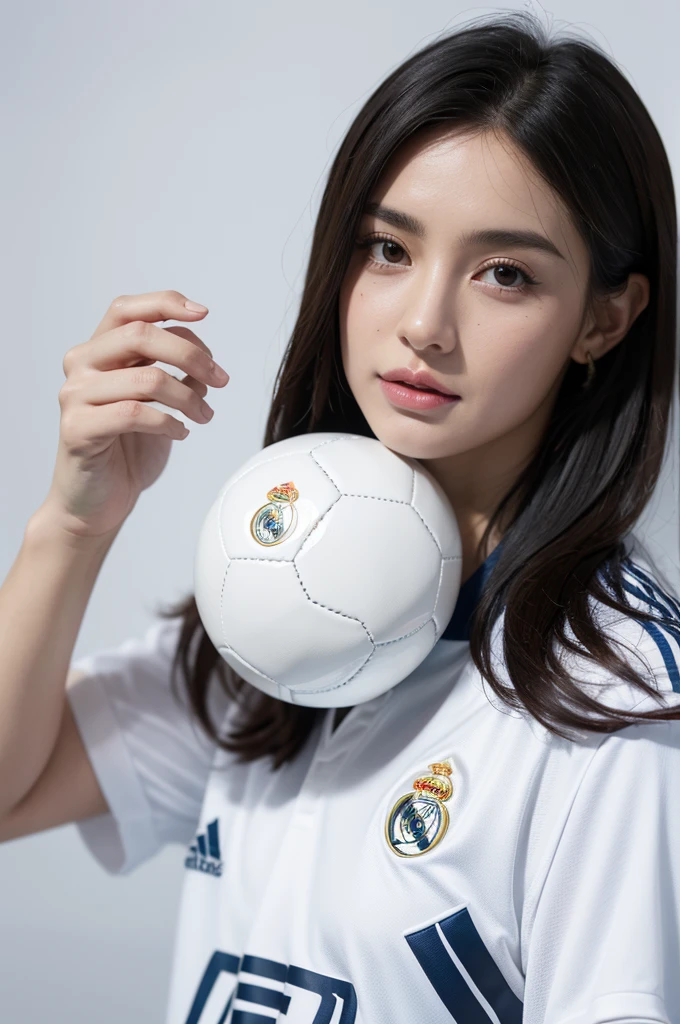 {{{Real Madrid}}}, light, {{Adidas soccer jersey on white background}}, {{{best quality}}}, {{{realistic}}}, {{{Detailed facial description}}}, realistic 눈동자, {{handsome western man}}, realistic 유니폼 주름, holding a soccer ball, {{{Real Madrid}}}, {{{soccer stadium}}}, Sponsor's name is Fly Emirates, {{{busty}}}