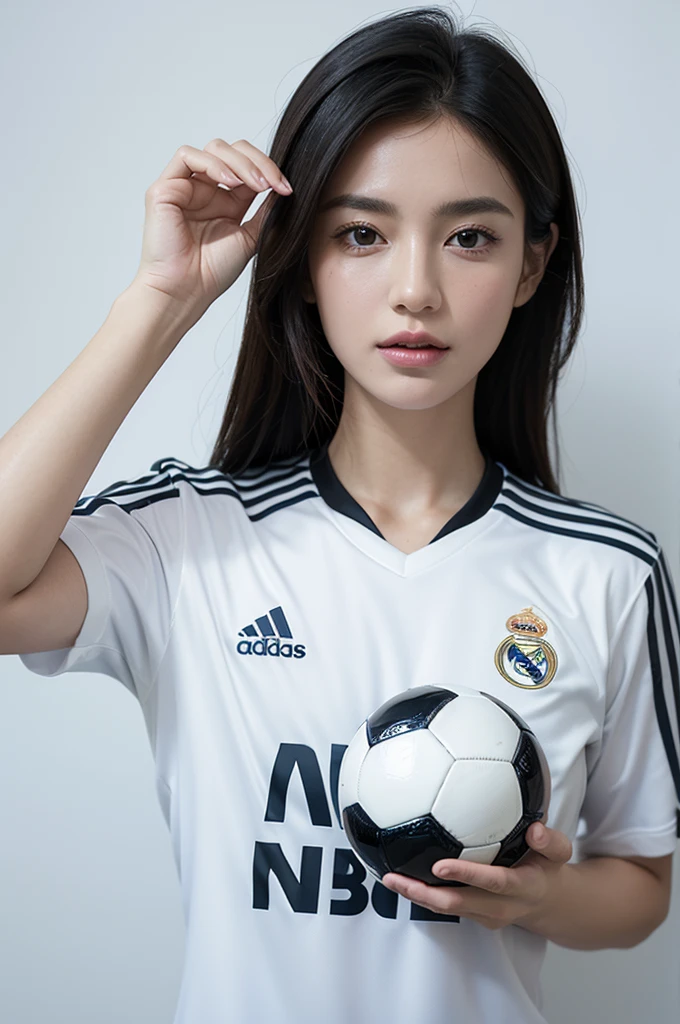 {{{Real Madrid}}}, light, {{Adidas soccer jersey on white background}}, {{{best quality}}}, {{{realistic}}}, {{{Detailed facial description}}}, realistic 눈동자, {{handsome western man}}, realistic 유니폼 주름, holding a soccer ball, {{{Real Madrid}}}, {{{soccer stadium}}}, Sponsor&#39;s name is Fly Emirates, {{{busty}}}