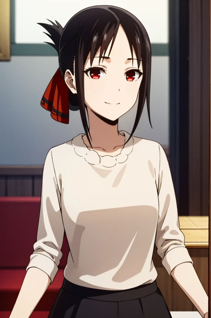 best quality, (masterpiece:1.2), detailed,
shinomiya kaguya,
1girl, solo, closed mouth, light smile,
black hair, red eyes, short hair, folded ponytail, hair ribbon, black top dress, red ribbon,
standing, looking at the viewer, large breasts, preacnant ((cum on face, upper body))