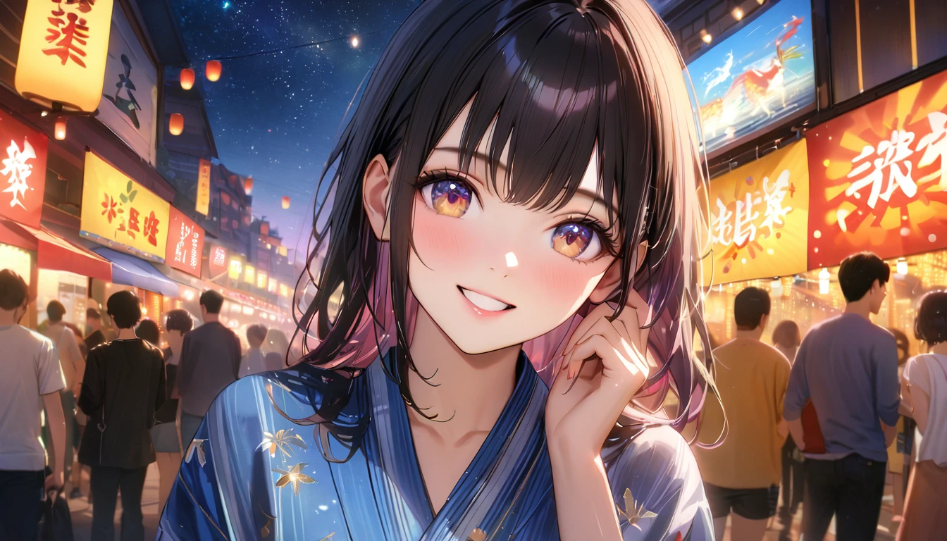 Summer festival,Date with her,night, Starry Sky,yukata,Gazing at the sky,high school girl,smile,Glitter effect,Highest quality, 8k, High resolution, masterpiece:1.2, Very detailed, Realistic:1.37, High resolution, 超High resolution, Ultra-fine painting, Very detailed, Professional, Vibrant colors