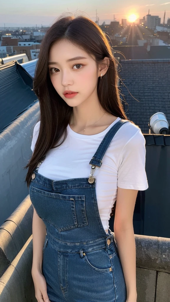 ((midnight, best quality, 8K, masterpiece :1.3)), whole body, Long legs, Clear focus :1.2, Beautiful woman with perfect body :1.4, Slim abdominal muscles :1.1, ((Dark brown hair, Large Breasts :1.2)), (White Tight T-shirt, Overalls Jeans, permanent:1.2), ((City night scene, roof:1.3)), Highly detailed face and skin textures, Delicate eyes, Double eyelids, Sunset, darken, Backlight, Off-shoulder