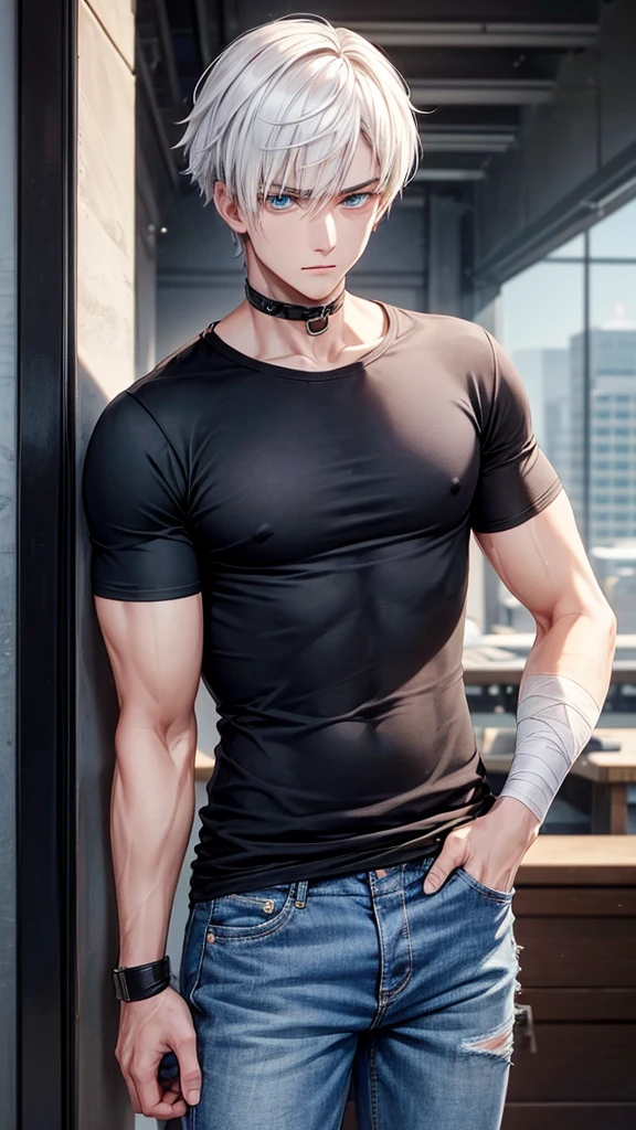 A 21-year-old man with short white hair and dark blue eyes. Black T-shirt, jeans. irritable. injured. There are bandages and OK bandages on the body