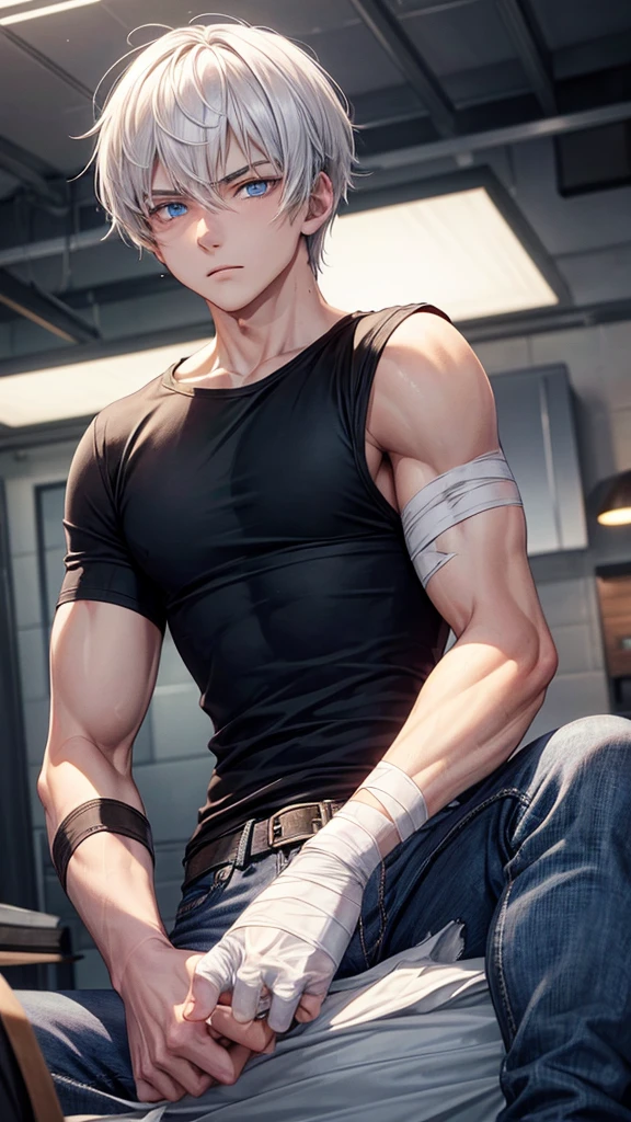 A 21-year-old man with short white hair and dark blue eyes. Black T-shirt, jeans. irritable. injured. There are bandages and OK bandages on the body
