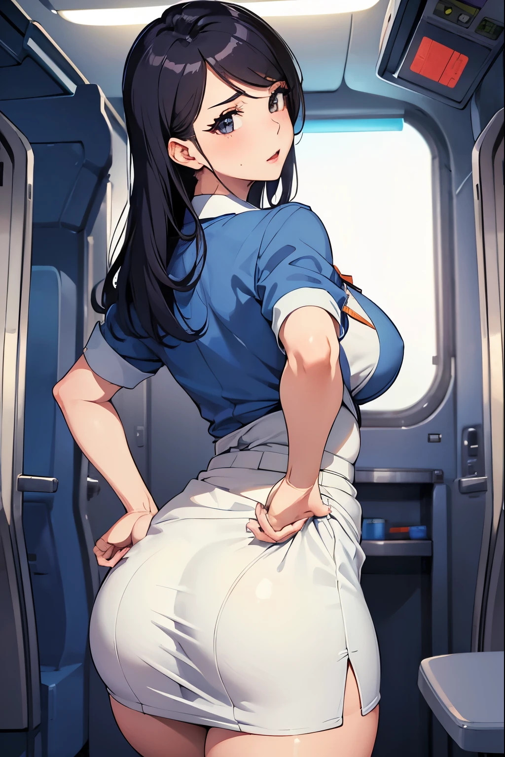 stewardess，Dressed as a flight attendant，Beauty，White skin，20-year-old，Big body type，Short skirt，Super sexy scene，Face close-up、Shake your hips、Back view、Look back、Adorable expression、Glamour、Accentuate your butt、Squat down with one leg raised