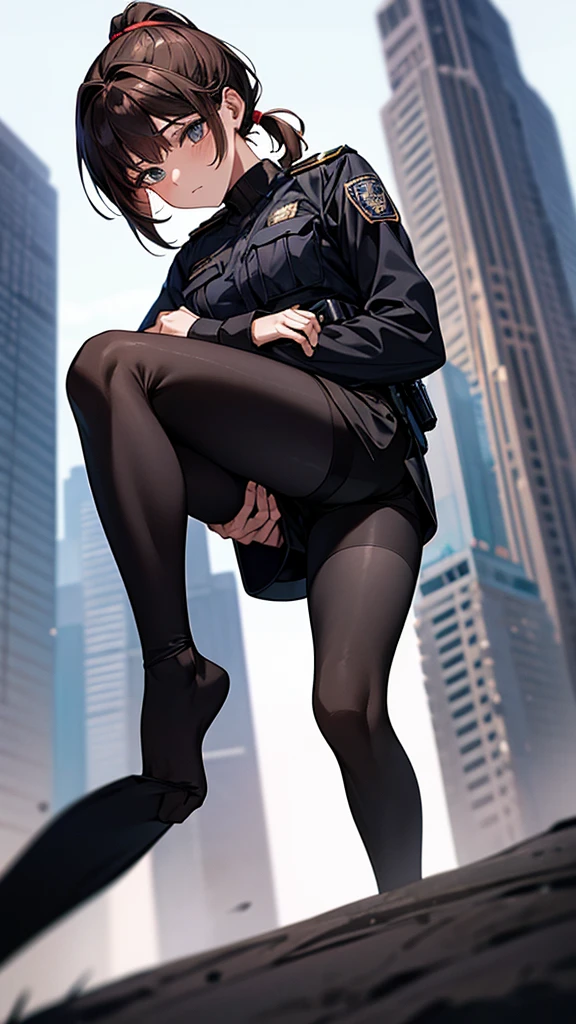 {{masterpiece}}, {{{best quality}}},{{ultra-detailed}}, {{illustration}},{{tall stature}},{{adult women}},((Black tights and shorts)),Small breasts,Slender,{{Hands on hips}},((Leggings with integrated shorts)), Female police officer Brown hair ponytail Place your hands on your knees 1 female,alone, City of night long sleeve police uniform Black pantyhose View from below Black Belt