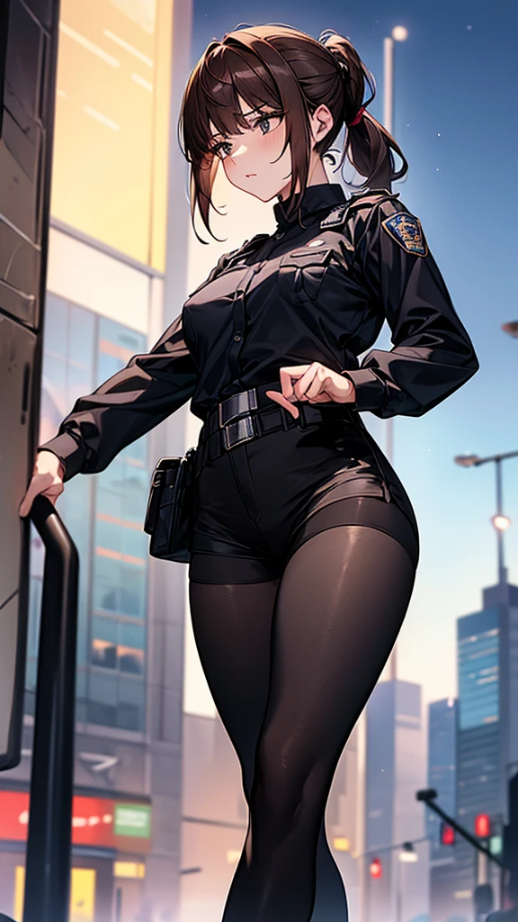 {{masterpiece}}, {{{best quality}}},{{ultra-detailed}}, {{illustration}},{{tall stature}},{{adult women}},((Black tights and shorts)),Small breasts,Slender,{{Hands on hips}},((Leggings with integrated shorts)), Female police officer Brown hair ponytail Place your hands on your knees 1 female,alone, City of night long sleeve police uniform Black pantyhose View from below Black Belt