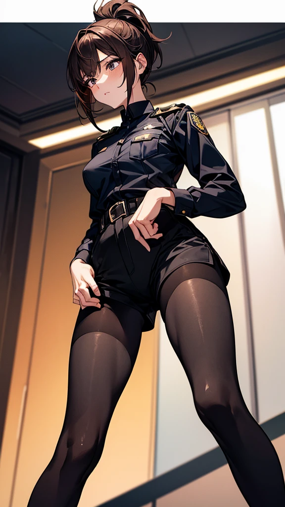 {{masterpiece}}, {{{best quality}}},{{ultra-detailed}}, {{illustration}},{{tall stature}},{{adult women}},((Black tights and shorts)),Small breasts,Slender,{{Hands on hips}},((Leggings with integrated shorts)), Female police officer　Brown hair ponytail　Place your hands on your knees　1 female,alone,　City of night　long sleeve police uniform　Black pantyhose　View from below　Black Belt