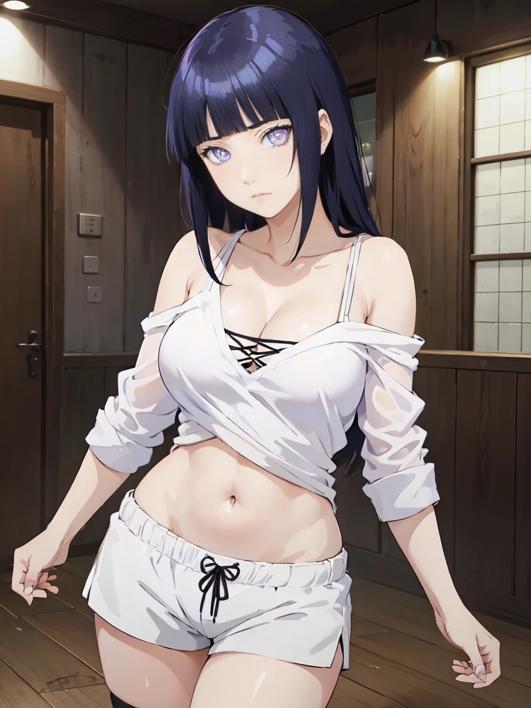 Hinata hiuga from the anime Naruto Shippuden posing for photos, she is standing forward, dressed in a short white t-shirt closed, short sleep shorts, she has a thin waist, She has nice  in a short top, cleavage, sexy, posing in a sexy shoot, sexy anime girl, dry stomach, legs, beautiful legs and big breasts, her hair is violet, violet hair with straight bangs, Byakugan eyes, Blurred background, 8k, wallpaper, masterpiece, best quality, textures, cold colors, dark, anime style.