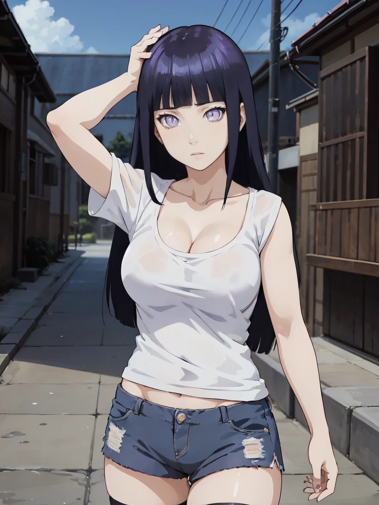 Hinata hiuga from the anime Naruto Shippuden posing for photos, she is standing forward, dressed in a short white t-shirt closed, short sleep shorts, she has a thin waist, She has nice  in a short top, cleavage, sexy, posing in a sexy shoot, sexy anime girl, dry stomach, legs, beautiful legs and big breasts, her hair is violet, violet hair with straight bangs, Byakugan eyes, Blurred background, 8k, wallpaper, masterpiece, best quality, textures, cold colors, dark, anime style.