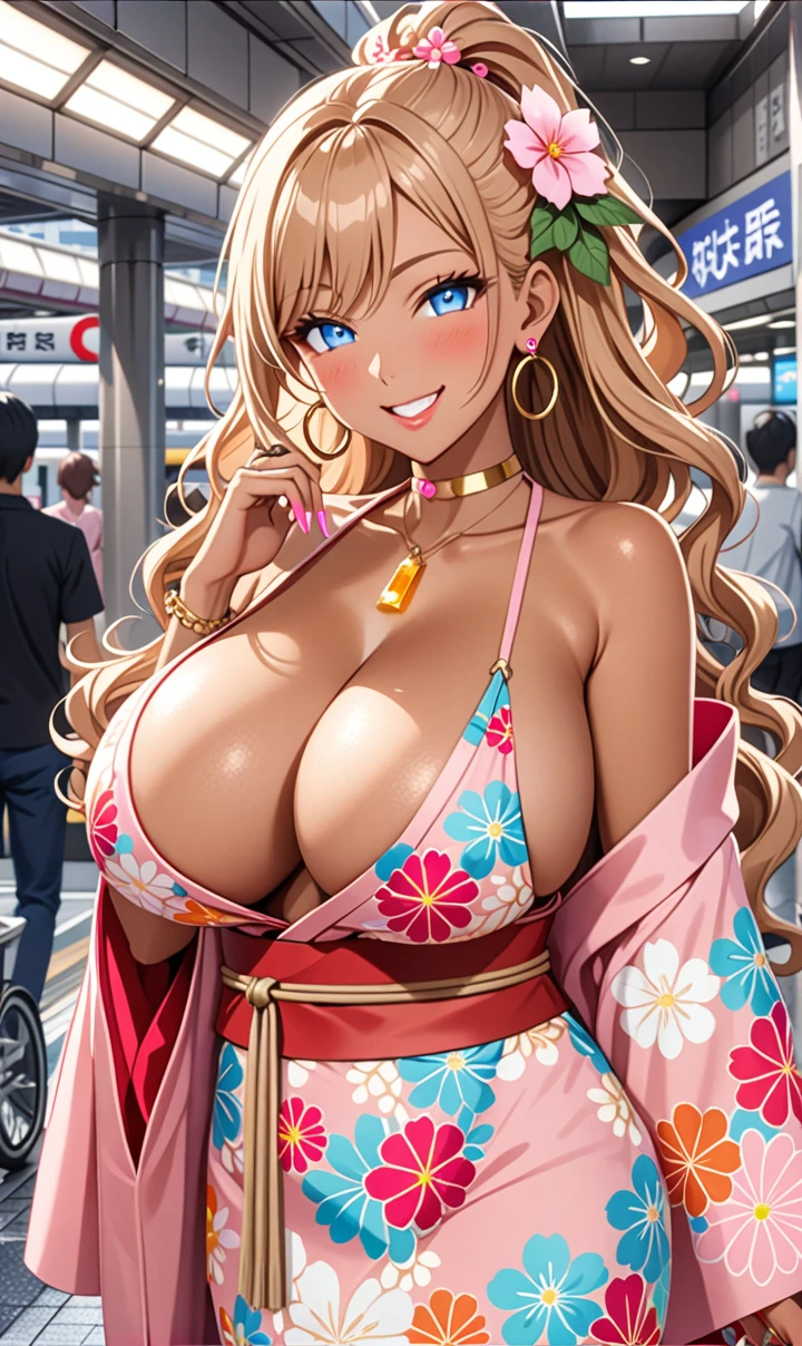 ultra-detailed, ((one girl)), (portrait), (tan skin:1.4), in pastel colors gyaru, (heavy makeup), (professional lighting) hyper detailed, absurdres, 8k, Beautiful Face, (Laugh shyly), ((teasing smile:1.6)), ((happy smile:1.5)),  ((Wink:1.6)), (Laugh with your mouth wide open),((Tilt your face:1.6)), View your viewers, ((Bright red cheeks:1.6)),Glossy shocking pink lips, ((huge breasts:1.6)),  ((undressing)), noon, summer, In front of Moriguchi Station on the Keihan Line, Anime style background)),masterpiece, Highest quality, (Brighten your face), so beautiful,Latest, Complex details, ((fluorescent pink long nail:1.2)), (ring),(bracelet), (Floral Choker),AI-generated, Complex,High resolution, Highest quality, super high quality,3D Images、3D Images,One person, ((honey blond long hair), (High Ponytail), (wavy hair:1.4), Anime woman posing for a photo, ((Fine grain、blue eyes、glowing eyes:1.4)), (Squint your eyes:1.1),a hyperRealistic , hyperRealistic , Realistic,Anime woman with long honey blonde hair, Smooth anime CG art, A girl in a gorgeous pastel-colored kimono, ((Pastel-colored furisode)),(Pink large floral pattern),  (sideboob), Long flower hair ornament,large gold hoop earrings, Mature Body, tall,Narrow waist, front view, ((upper body)), 