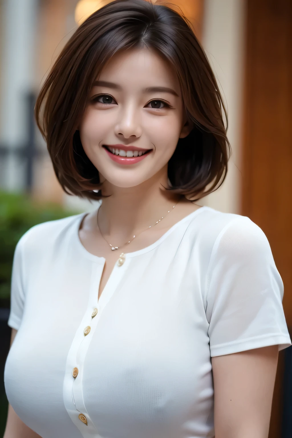 ((masterpiece)), ((Highest quality)), ((Complex)), ((Surreal)), (Realistic), (Mature Woman), ((No classes)), Very detailed, (1 female), Beautiful and exquisite, (Beautiful Teeth), Grin, Brunette Bob Hair, Brown eyes, ((blouse)), (Upper Body), (background:none), Perfect Eyes, Captivating eyes, Looking at the audience