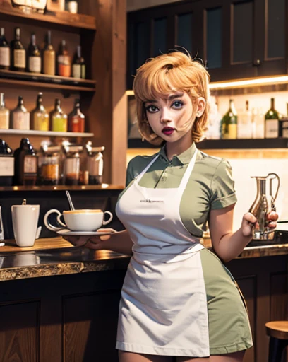 degenerate girl, big tits , asymmetrical face, blue eyes, Blonde, short hair, curvy barista, naked, monkey apron only, perfect detailed 12k, cafe and bar, With lights ,gothic makeup