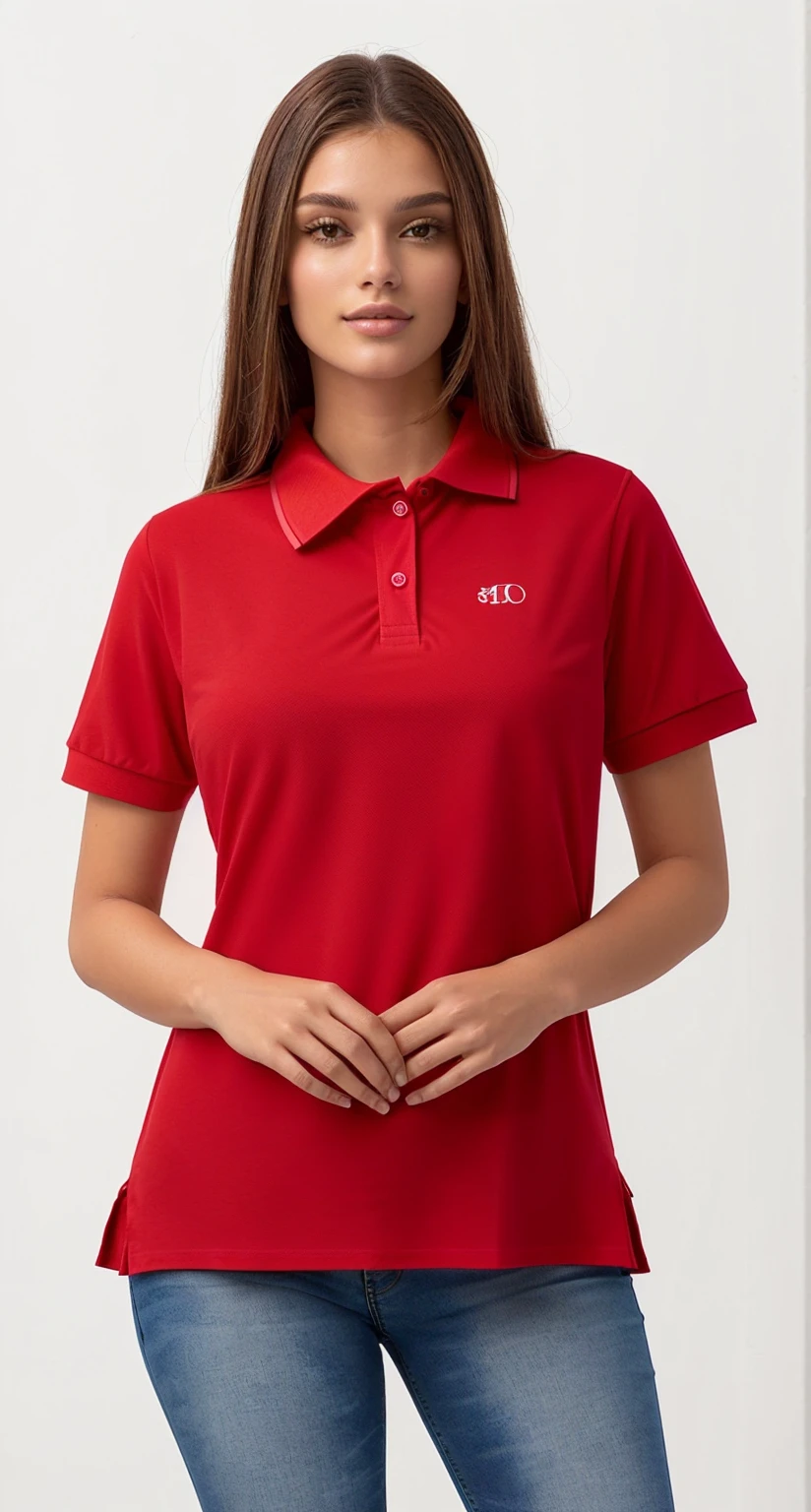 a woman in a vermelho shirt polo and jeans posing for a picture, vestindo camisa polo, manga curta, vermelho shirt, vermelho uniform, vermelho, vermelho t-shirt, only vermelho colour, wearing vermelho attire, collavermelho shirt, simples, wearing vermelho formal attire, wearing vermelho clothes, Carmesim, vermelho clothes, vermelho only, vermelho sport clothing, Escarlate, coral vermelho