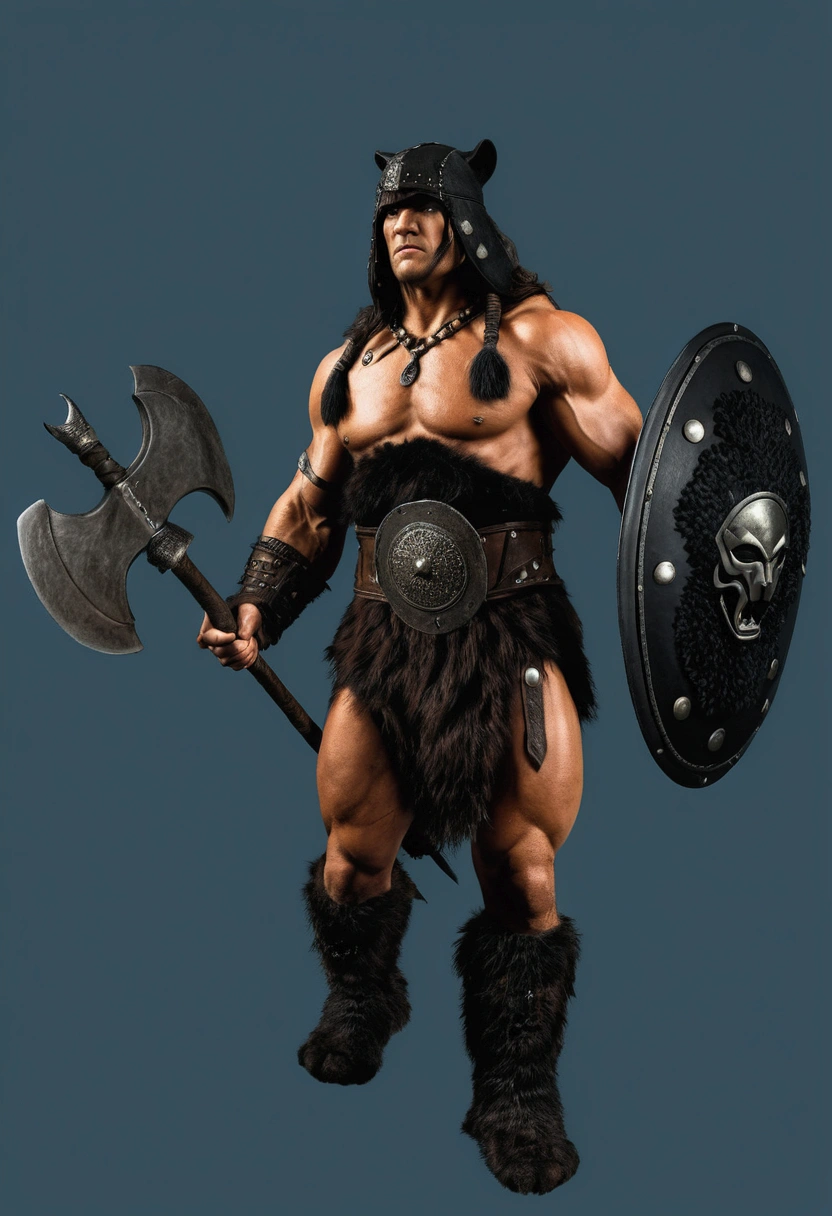 Conan the barbarian wearing a hood made of panther fur covering his eyes, but with the man&#39;s chin sample, holding war ax and shield: ultra realistic and detailed image