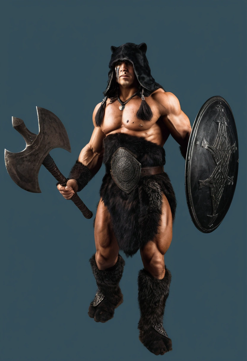 Conan the barbarian wearing a hood made of panther fur covering his eyes, but with the man's chin sample, holding war ax and shield: ultra realistic and detailed image