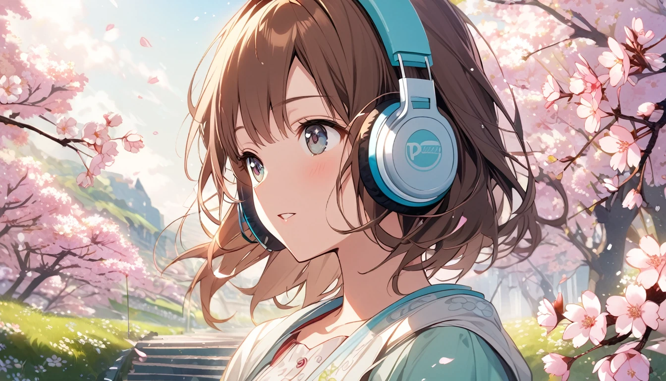 Girl wearing headphones,Brown Hair,1 person,Detailed Background,bright,The Coming of Spring - Melody that makes you feel the breath of spring,Cherry blossoms fluttering