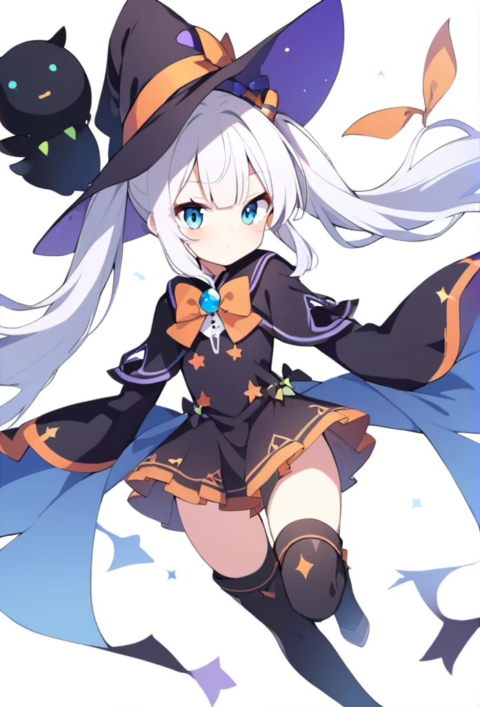 1 girl, cute, young, white hair, twintail, blue eyes, witch clothes, thigh boots,