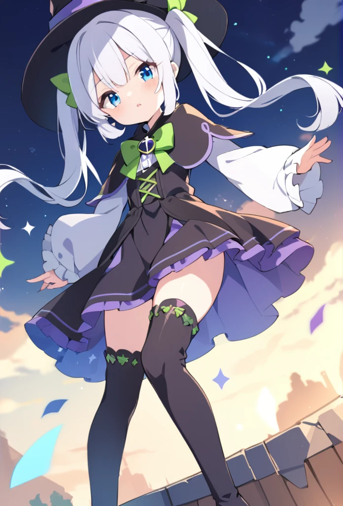 1 girl, cute, young, white hair, twintail, blue eyes, witch clothes, thigh boots,